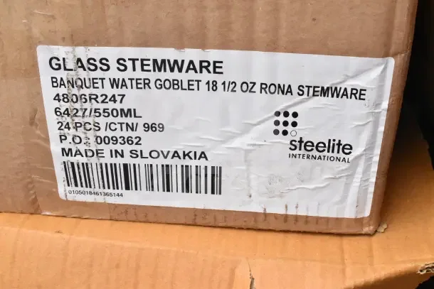 Cardboard box label for Steelite International glass stemware, 18.5 oz banquet water goblets from Slovakia. Model 4805R247.