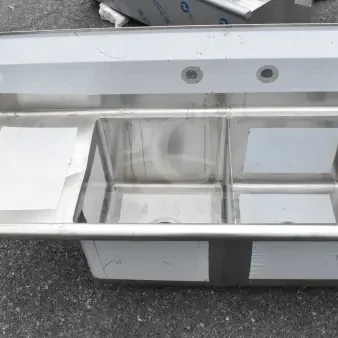 Brand new KoolMore SB151512-15L3 stainless steel 48" sink, two compartments, 2 drainboards, scratch and dent, no legs.