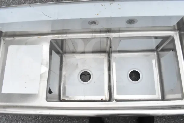 KoolMore SB151512-15L3 48" two-compartment stainless steel commercial sink with two drainboards, scratch and dent condition. No legs.