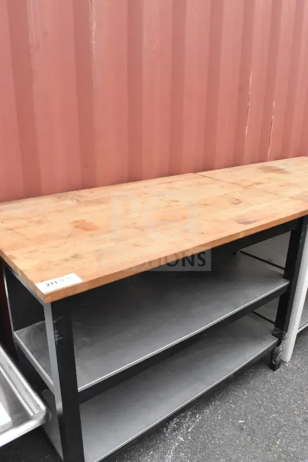 Wood pattern countertop with two-tier under shelf, metal frame, gently used, tag showing "271".