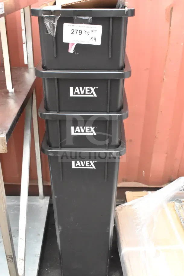 Four brand new Lavex black poly Slim Jim trash cans, minor scratches and dents, stacked. Label shows quantity 4.