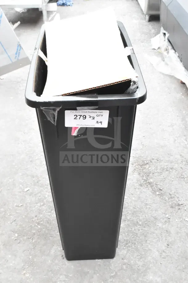 Black Lavex Poly Slim Jim Trash Can, new condition, minor scratches and dents, label indicates "279 QTY x4".
