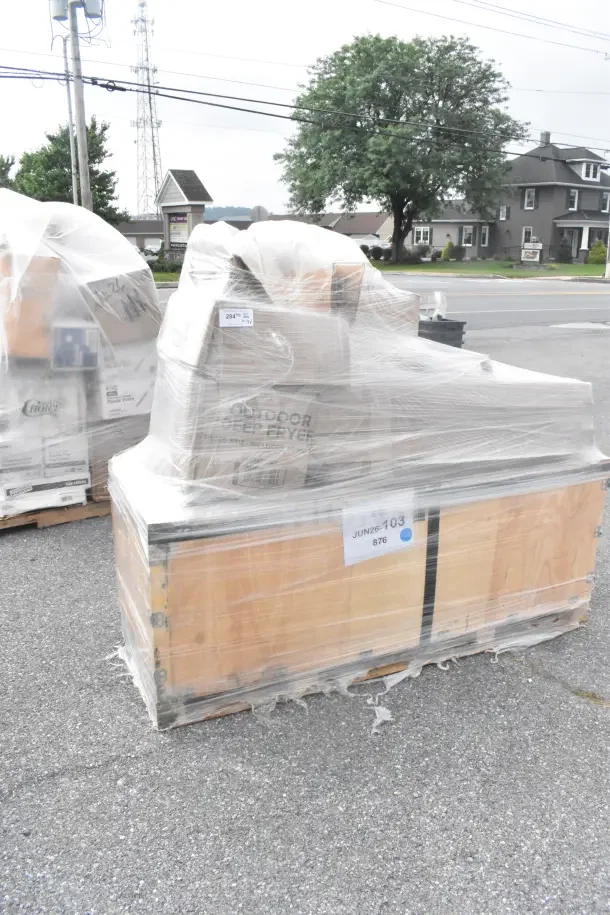 9 new scratch and dent items, including Regency 72" three compartment utility sink, wrapped in packaging with label "JUN26-103".