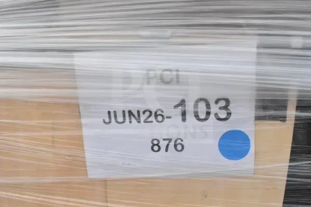 Wrapped pallet with label reading "PCI JUN26-103 876" containing scratch and dent Regency 72" commercial utility sinks.