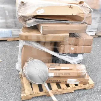 Pallet of boxed Regency 72" three compartment sinks, wrapped in plastic. Some boxes show minor damage.