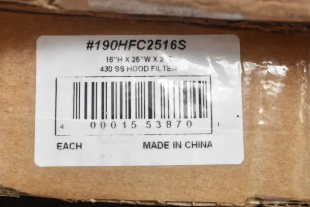 Label on cardboard box for 430 SS hood filter, model #190HFC2516S, 16"H x 25"W x 2"D, made in China.
