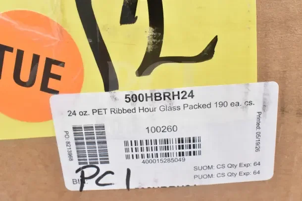 Label on box showing "500HBRH24," "24 oz. PET Ribbed Hour Glass Packed 190 ea. cs," and barcode information.