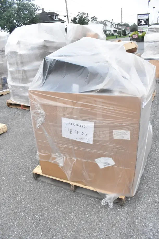 Plastic-wrapped pallet with 10 brand new scratch and dent items. Visible labels read "10-16-25" and "3169875."