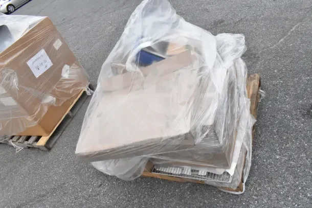 11 brand new scratch and dent items including switch kit, plates, and bowls, wrapped on a pallet; enhance your bid value.