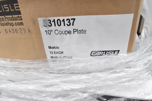 Cardboard box marked "Carlisle" with a label showing "10" Coupe Plate, Marble, 12 EACH, Made in China."