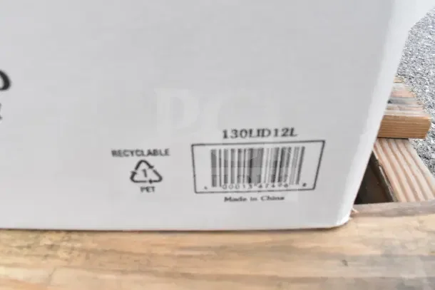 Box with barcode labeled "130LID12L", marked as recyclable PET 1, and "Made in China".