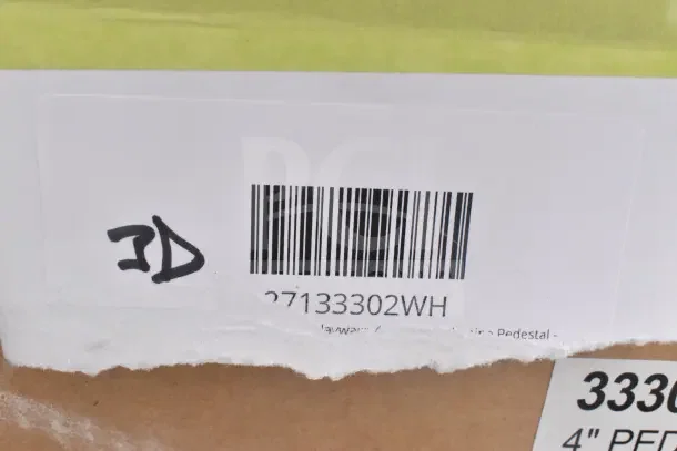 Barcode label on a scratch and dent box, code 27133302WH, marked "3D" in black.