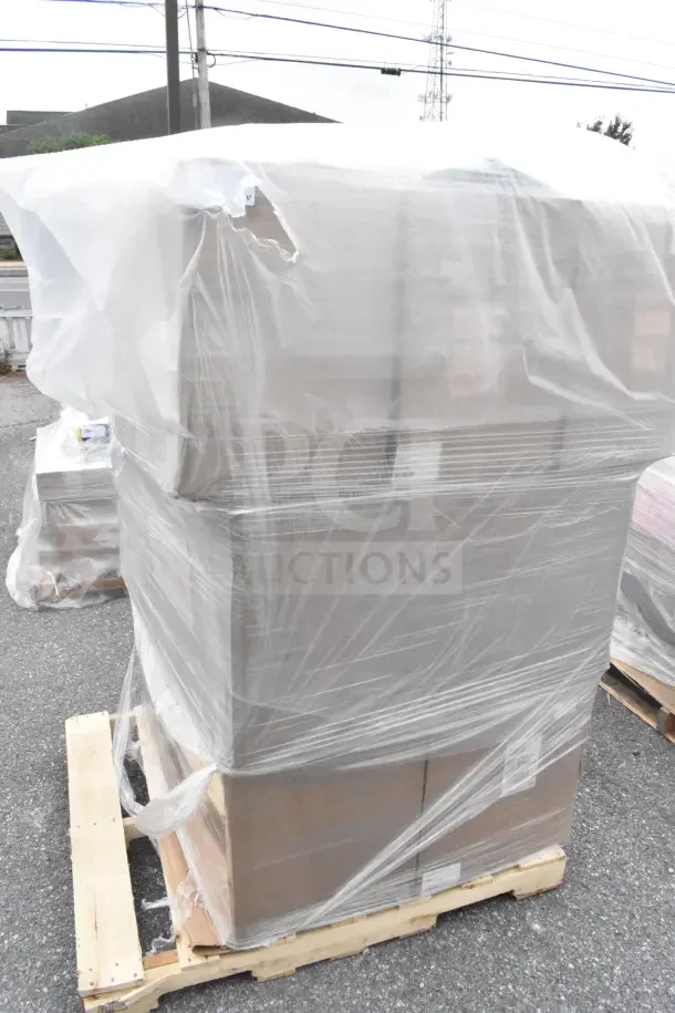 Pallet of 34 brand new scratch and dent items including glass caddies, wrapped in plastic, on wooden pallet.