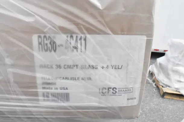 Box labeled "Rack 36 CMPT Glass +4 YEL," marked CFS Brands. Contains 34 new scratch and dent items. Made in USA.