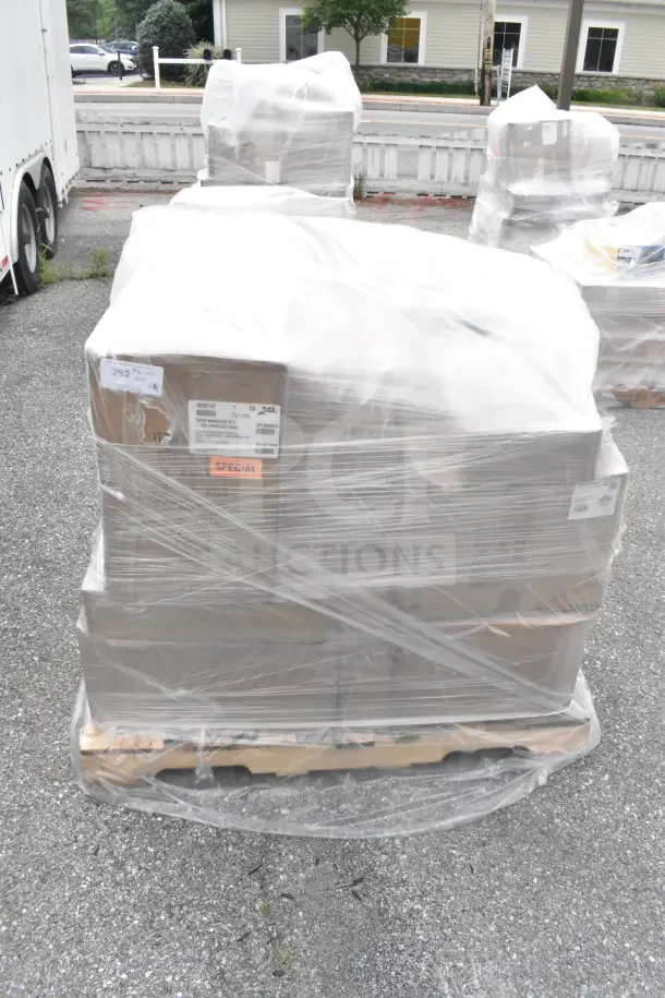 Pallet with 26 new scratch and dent items wrapped in plastic; includes TR1614RIBX tray, fiberglass box, DB8225M-CB bowl.