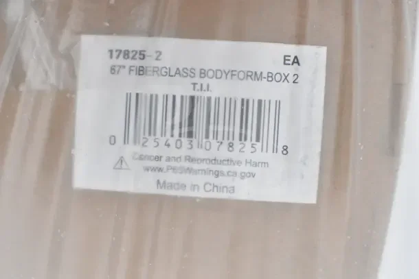 Label of 67" Fiberglass Bodyform Box, showing item code 17825-2, barcode, and Prop 65 warning, Made in China.