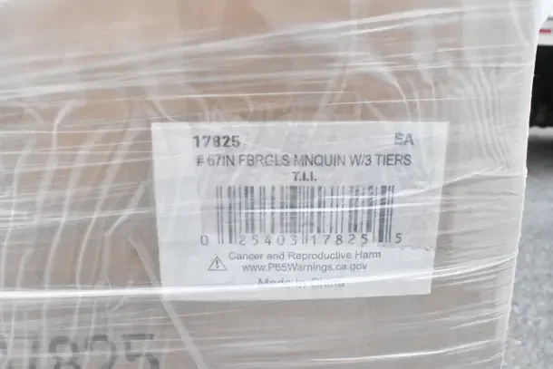 Label on packaged item reading "#67IN FBRGLS MNQUIN W/3 TIERS T.I.I. Made in China. P65Warnings.ca.gov." Wrapped in plastic.