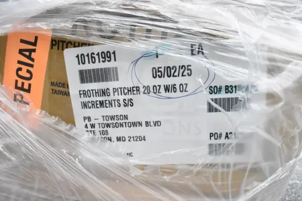 26 new scratch and dent items in packaging, visible label for frothing pitcher 20 oz, 6 oz increments, S/S, special tag.