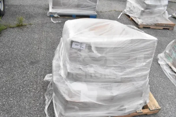 Plastic-wrapped pallet containing brand new scratch and dent items, including disposal partitions and dinner forks. Label reads "293".