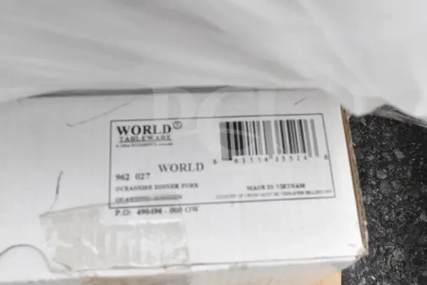 Box of World Tableware Oceanside Dinner Forks, model 962 027, made in Vietnam. Brand new with label visible.