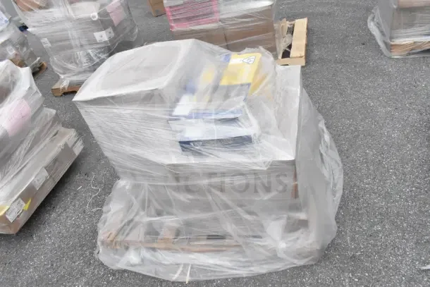 Pallet wrapped in plastic with 9 items, including T&S G-2C-48K gas hoses and 10211301 water softener conditioner, labeled.