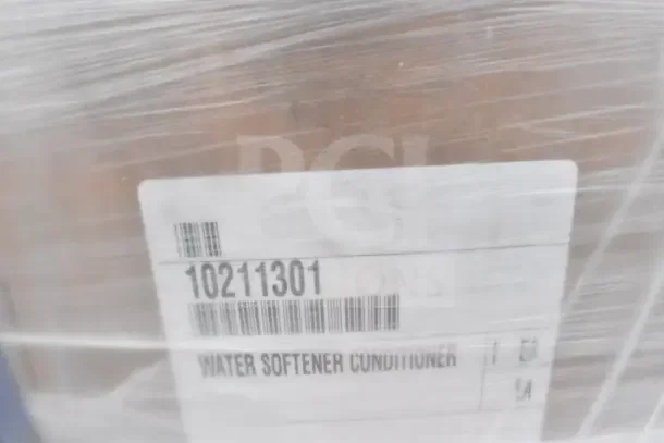 9 new scratch and dent items, including T&S G-2C-48K gas hoses, 10211301 water softener conditioner. Label shows "10211301, Water Softener Conditioner."