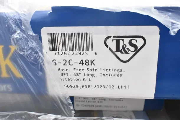 9 new T&S G-2C-48K gas hoses, 48" with free spin fittings, NPT, installation kit included. Scratch and dent condition.