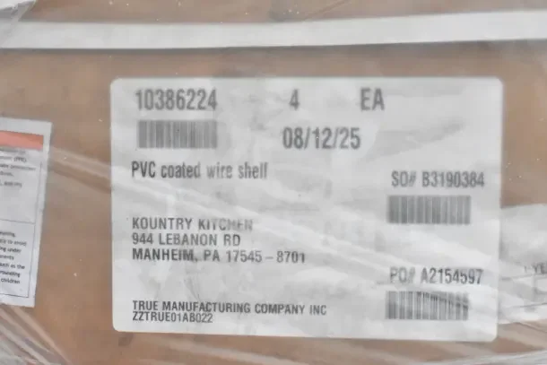 PVC coated wire shelf, brand new, part of 16-item auction lot. Label from True Manufacturing, Manheim, PA.