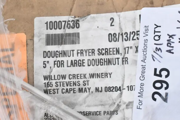 Box label for doughnut fryer screen, 17"x5", intended for large doughnuts. Includes Willow Creek Winery address details.