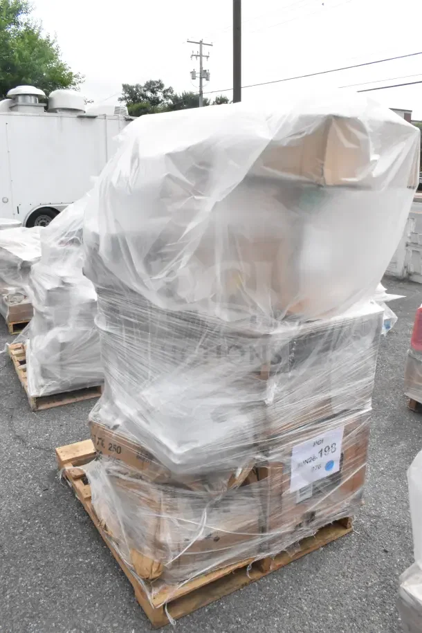 Pallet of 13 brand new scratch and dent items wrapped in plastic, including a dough sheeter and trash cans. Label: JUN26-198.