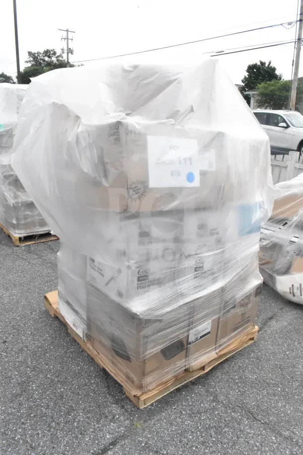 Plastic-wrapped pallet of 29 scratch and dent items, including containers, forks, napkins, trash bags, and gloves. Label: JUL26-111.