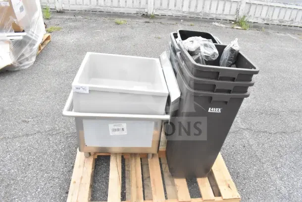 Three brand new items including gray sink and black Lavex trash cans on wooden pallet, minor scratch and dent condition.