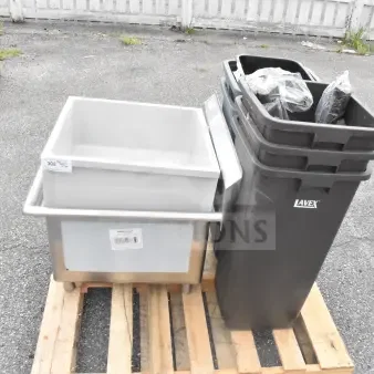 Three brand new items including gray sink and black Lavex trash cans on wooden pallet, minor scratch and dent condition.