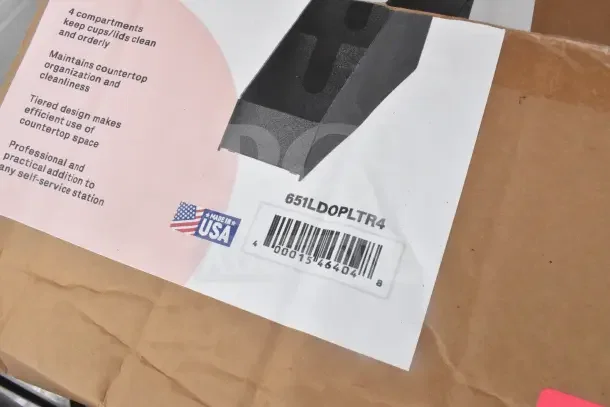 Barcode and label showing item code 651LDOPLTR4, "Made in USA" mark, and product details for a lid organizer.