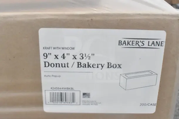"Baker's Lane" 9"x4"x3.5" donut/bakery box, kraft with window, auto-popup, 200 per case. New condition.