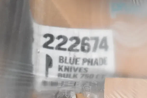 Box labeled "222674 Blue Phade Knives Bulk 750 ct," part of a scratch and dent auction item bundle.