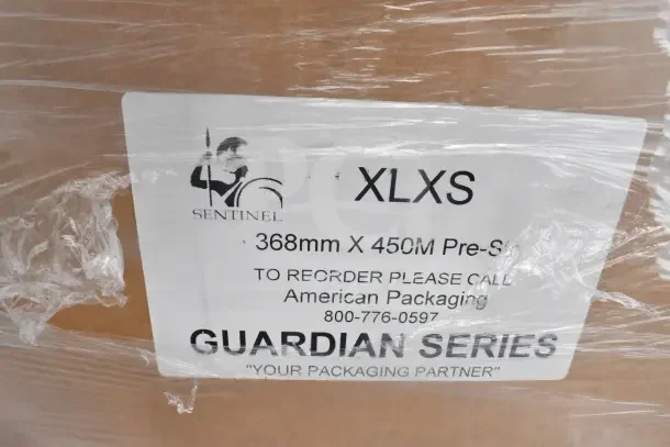 Sentinel Guardian Series packaging label, details include "368mm X 450M Pre-St..." and American Packaging contact info.