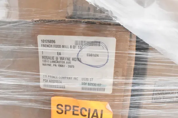 Pallet of 45 new scratch and dent items, includes glasses, spoons, French food mill. Label shows French Food Mill 8 Qt SS for Wayne Hotel.