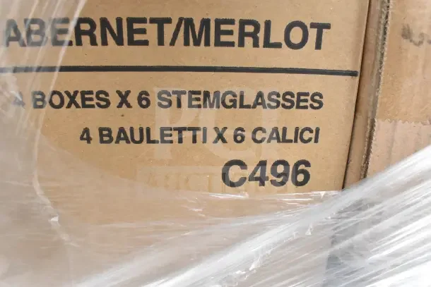 Cardboard box labeled "CABERNET/MERLOT" containing 4 boxes of 6 stem glasses each, code C496, wrapped in plastic.
