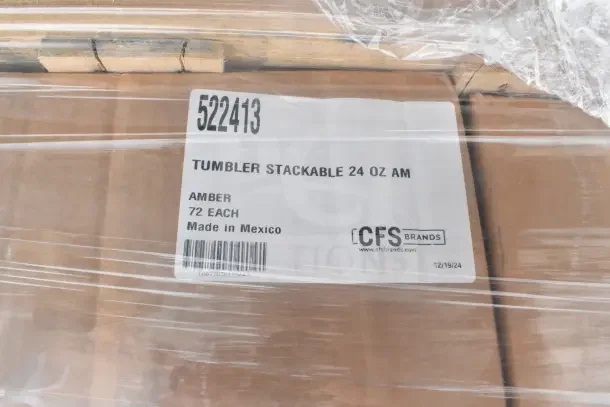 Cardboard box labeled "Tumbler Stackable 24 oz AM, Amber, 72 each," made in Mexico by CFS Brands. Wrapped in plastic.