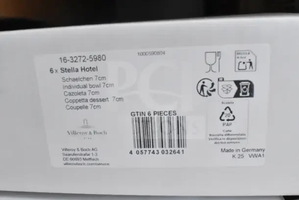 Box of Villeroy & Boch Stella Hotel bowls, 7cm, 6 pieces, brand new. Barcode and recycling info visible. Made in Germany.
