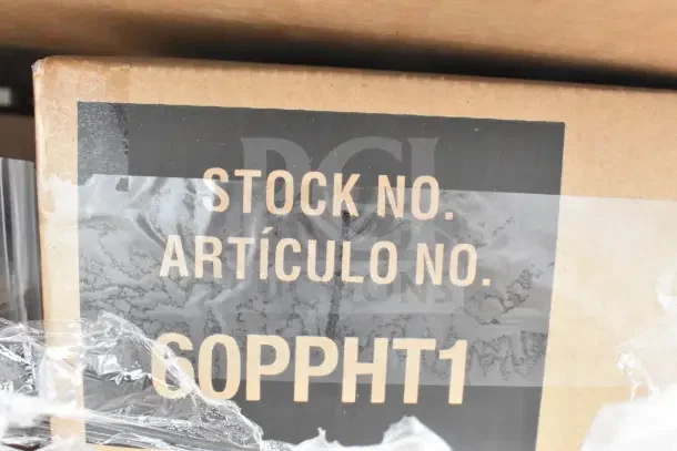Cardboard box labeled "Stock No. Artículo No. 60PPHT1" with plastic wrap, containing 45 new scratch and dent items.