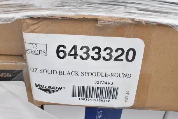 Cardboard box labeled "Vollrath" containing 12 pieces of 3 oz solid black spoodle-round. SKU: 6433320, 33724VJ.