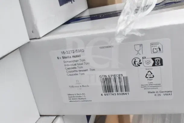 Box of Villeroy & Boch Stella Hotel bowls, 7cm, set of 6, made in Germany. Features product labels and recycling info.