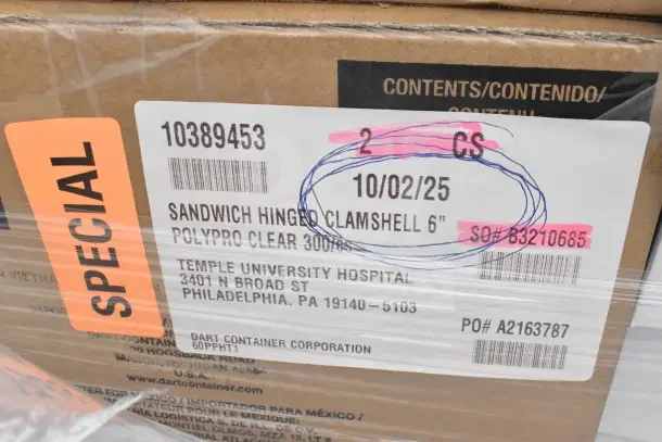 Cardboard box with label indicating "Sandwich Hinged Clamshell 6"", Polypro Clear 300/CS," and marked "Special".
