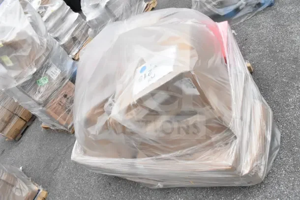 Bundle of 11 new scratch and dent items, including work table, plates, mop bucket, wrapped on a pallet. ID tag: JUN26-215.