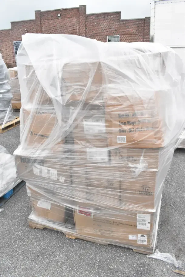 Shrink-wrapped pallet of 37 brand new scratch and dent items, including bowls, plates, and pitchers, in original boxes.