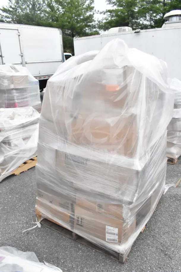 Pallet of 37 new scratch and dent bowls, plates, pitchers wrapped in plastic for auction.