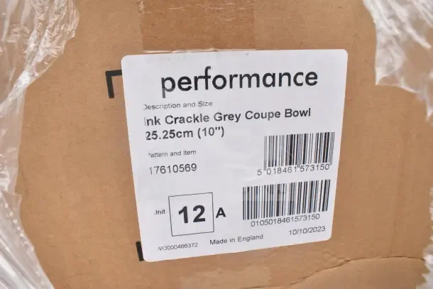 Cardboard box with label showing "Performance Ink Crackle Grey Coupe Bowl, 25.25cm (10"),” pattern 17610569, made in England.