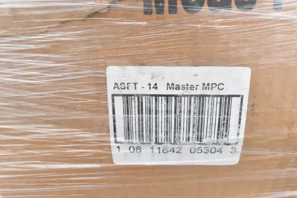 Box with label showing barcode and text "ASFT-14 Master MPC." Wrapped in plastic, contains 37 scratch and dent items.